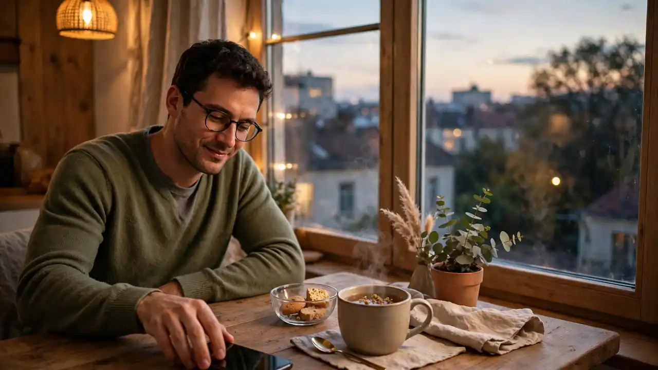A person putting their phone face down and enjoying a cup of tea by a window.