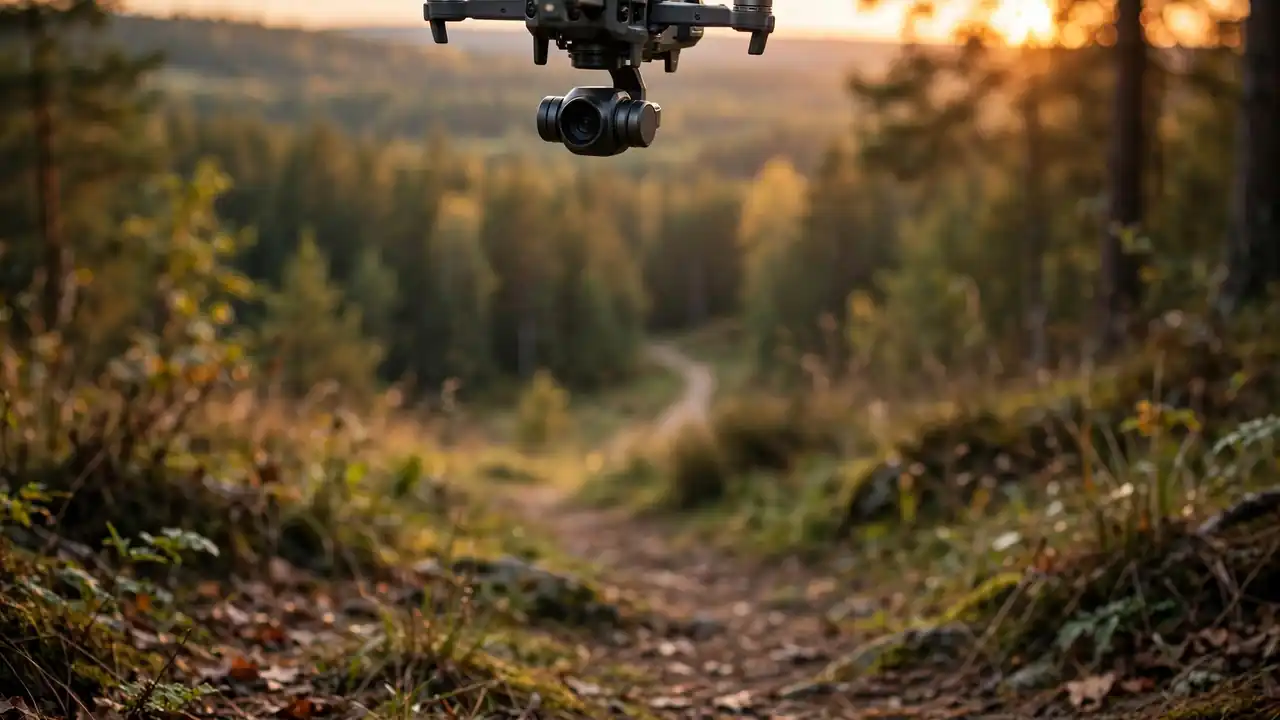 A close-up of a small drone camera gimbal hovering above a forest path in evening light.