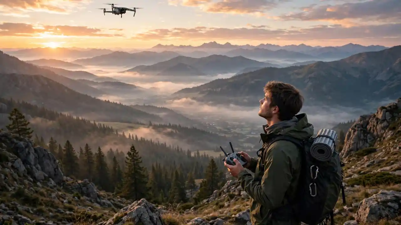 A traveller holding a drone controller on a mountain viewpoint at sunrise.