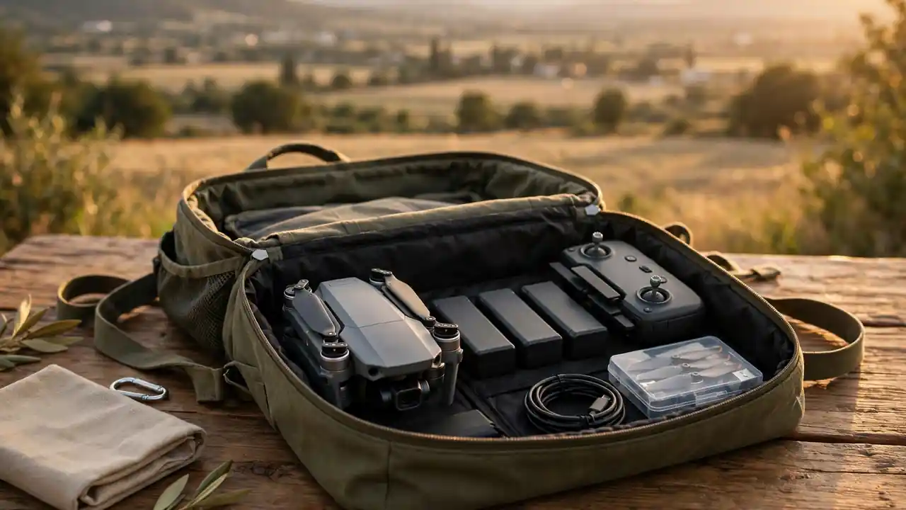 A folding drone, spare batteries and controller packed in an open travel backpack.