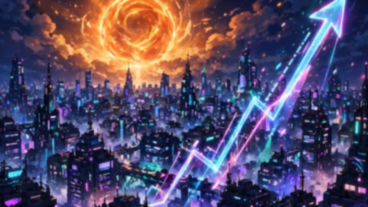 A glowing orange energy sphere rising over an anime city skyline with a chart arrow climbing steeply, showing Dragon Ball Super: Beerus storming the streaming charts.