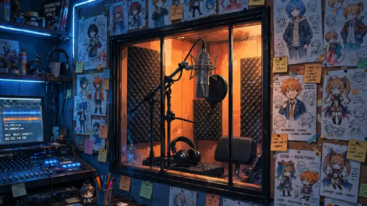 A microphone in an anime recording booth with character design sketches on the wall, representing Koichi Yamadera and Masako Nozawa returning as Beerus and Goku.