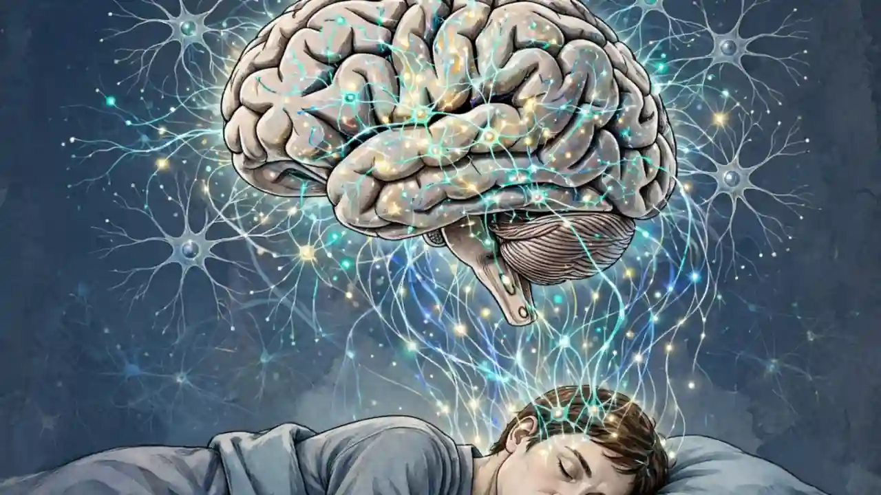 A glowing brain with neural connections above a sleeping person