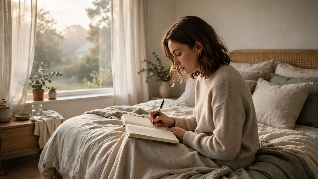 A person writing in a dream journal by morning light