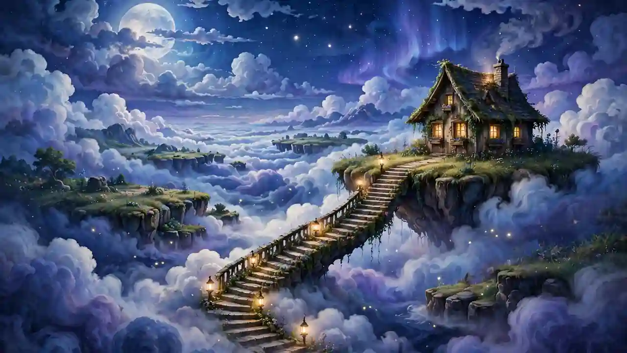 A surreal dreamscape with a floating house and stairs among clouds