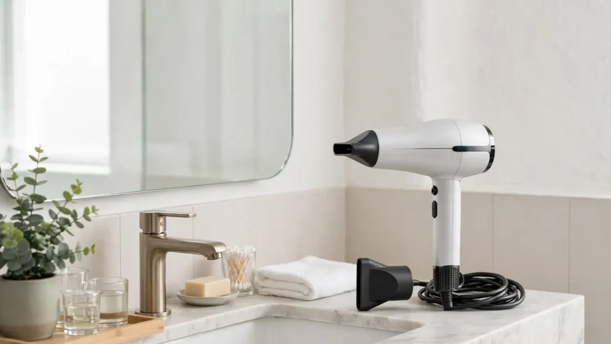 A sleek modern hair dryer on a bright bathroom vanity beside a mirror.