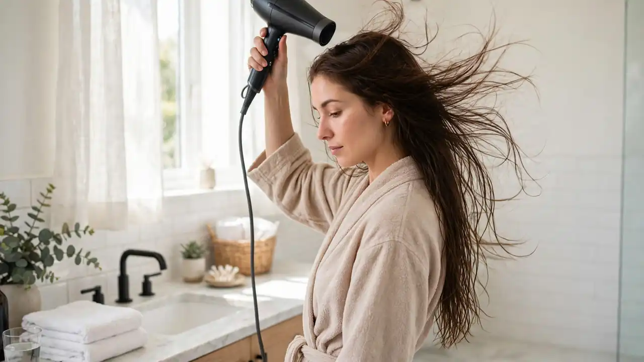 A woman drying her long hair with a modern hair dryer in a bright bathroom.