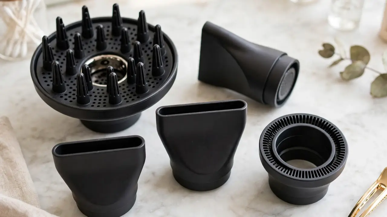 Magnetic hair dryer attachments arranged neatly on a vanity table.