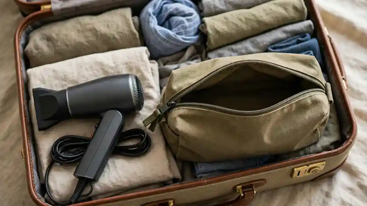 A small hair dryer and travel pouch packed in an open suitcase.