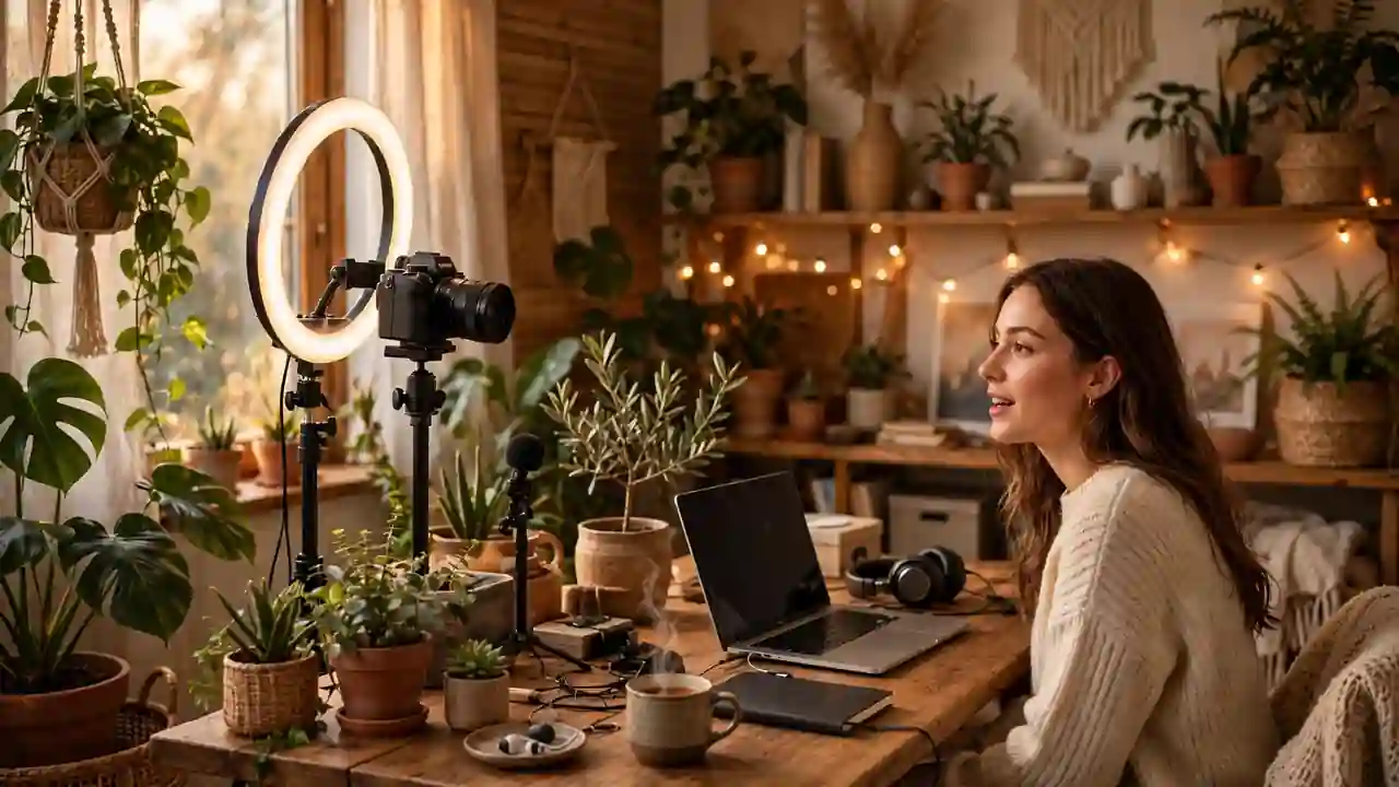 A creator recording a short video at a desk with a ring light and laptop