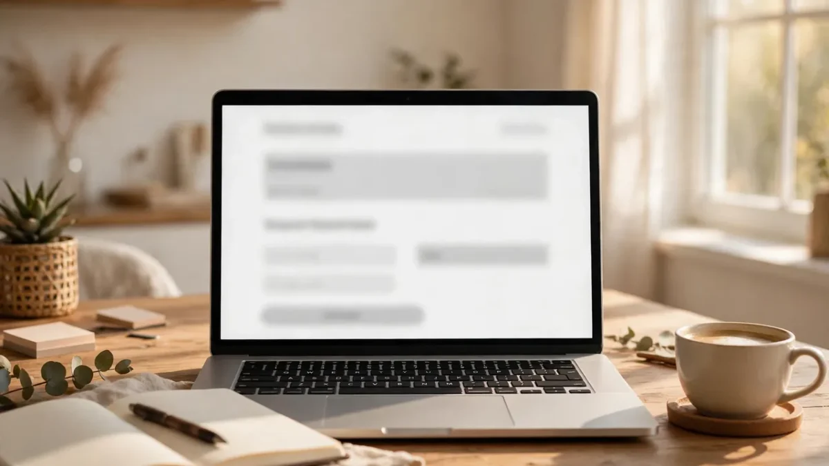 A laptop on a desk showing a clean email newsletter signup page, with a notebook and coffee cup beside it