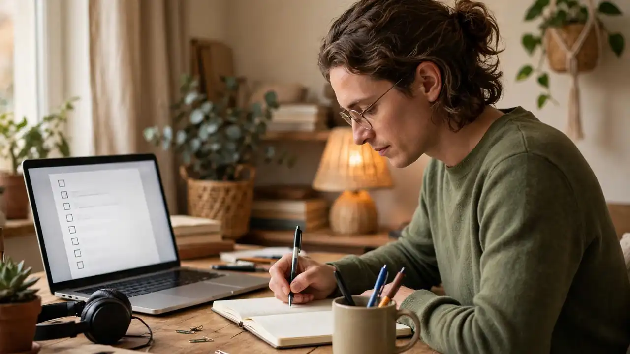 A person writing notes in a notebook beside a laptop showing a checklist, planning a lead magnet for an email list