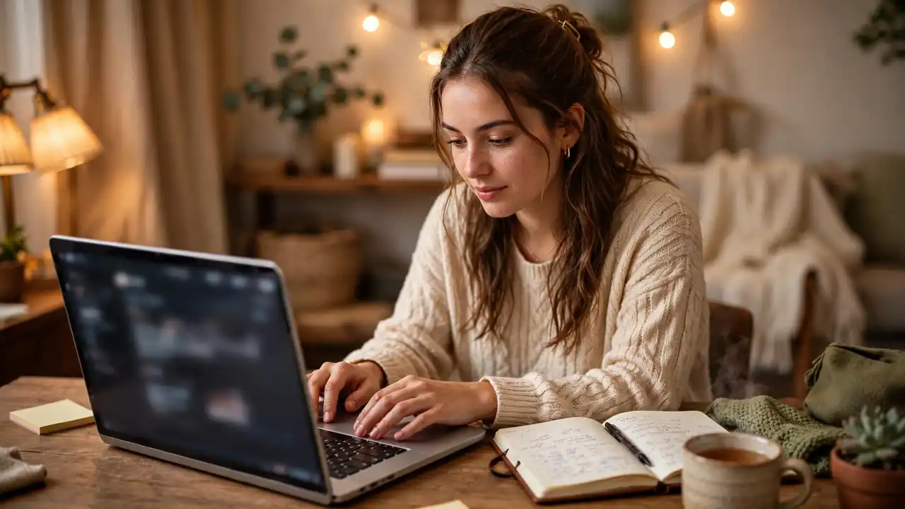 A person asking an AI assistant a question on a laptop at home.