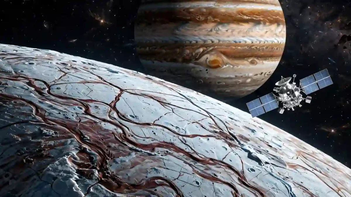 NASA's Europa Clipper spacecraft flying near Jupiter's icy moon Europa, whose cracked ice shell glows against black space