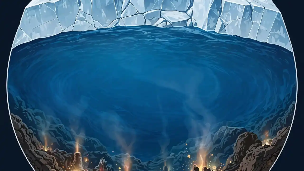 Cutaway diagram of Europa showing a thick ice crust, a deep blue global ocean and a rocky seafloor