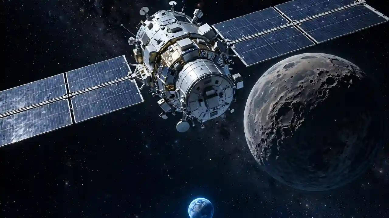 A silver spacecraft with wide solar panels flying past Earth glowing blue below