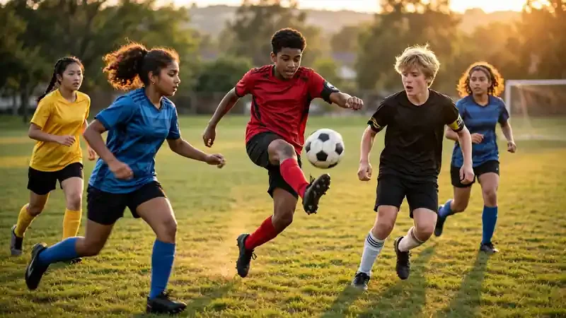 Teenagers playing football outdoors on a sports field