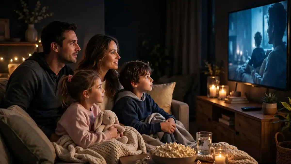 Family watching a movie together on a large television in a dark cosy living room with popcorn