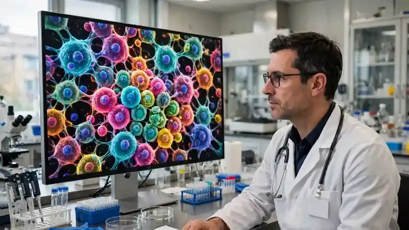 Medical researcher examining cancer treatment data on screen