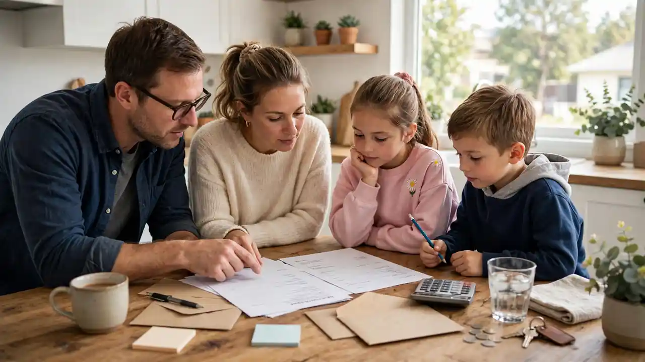 Family reviewing household bills and a mortgage statement