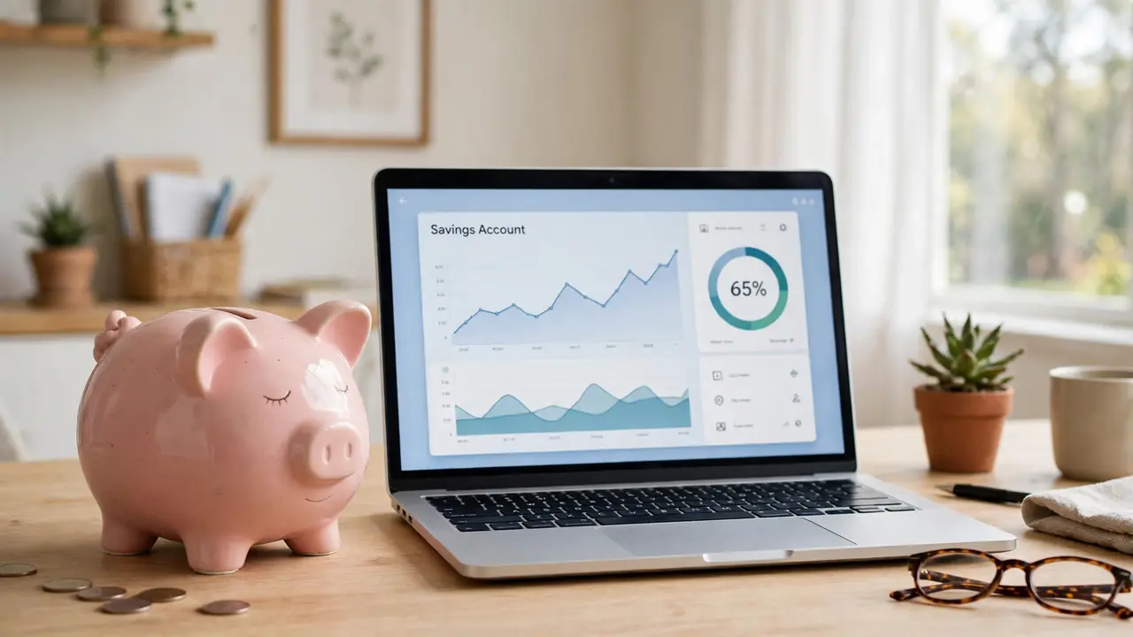 Piggy bank beside a laptop showing a savings account