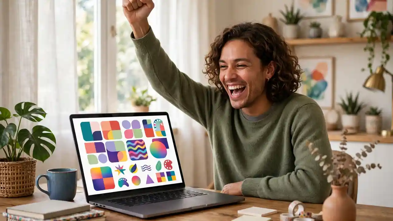 A happy person at a laptop showing a colourful personal website project, raising a fist in celebration