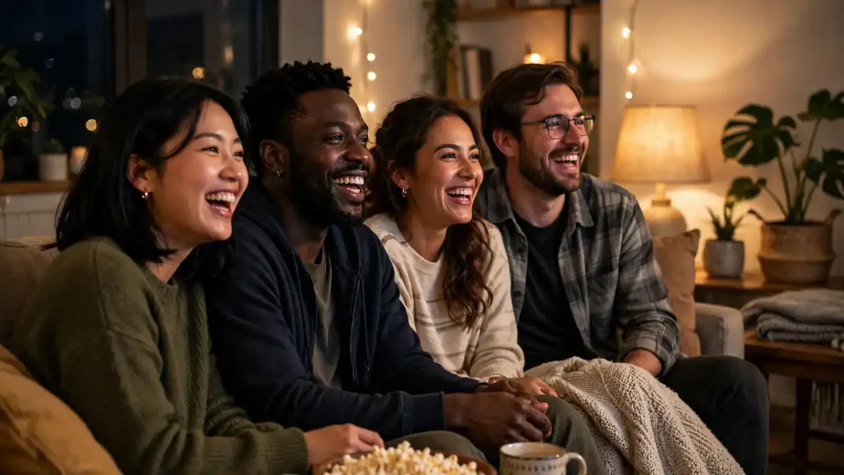 Friends laughing together on a sofa while watching comedy television with popcorn at night