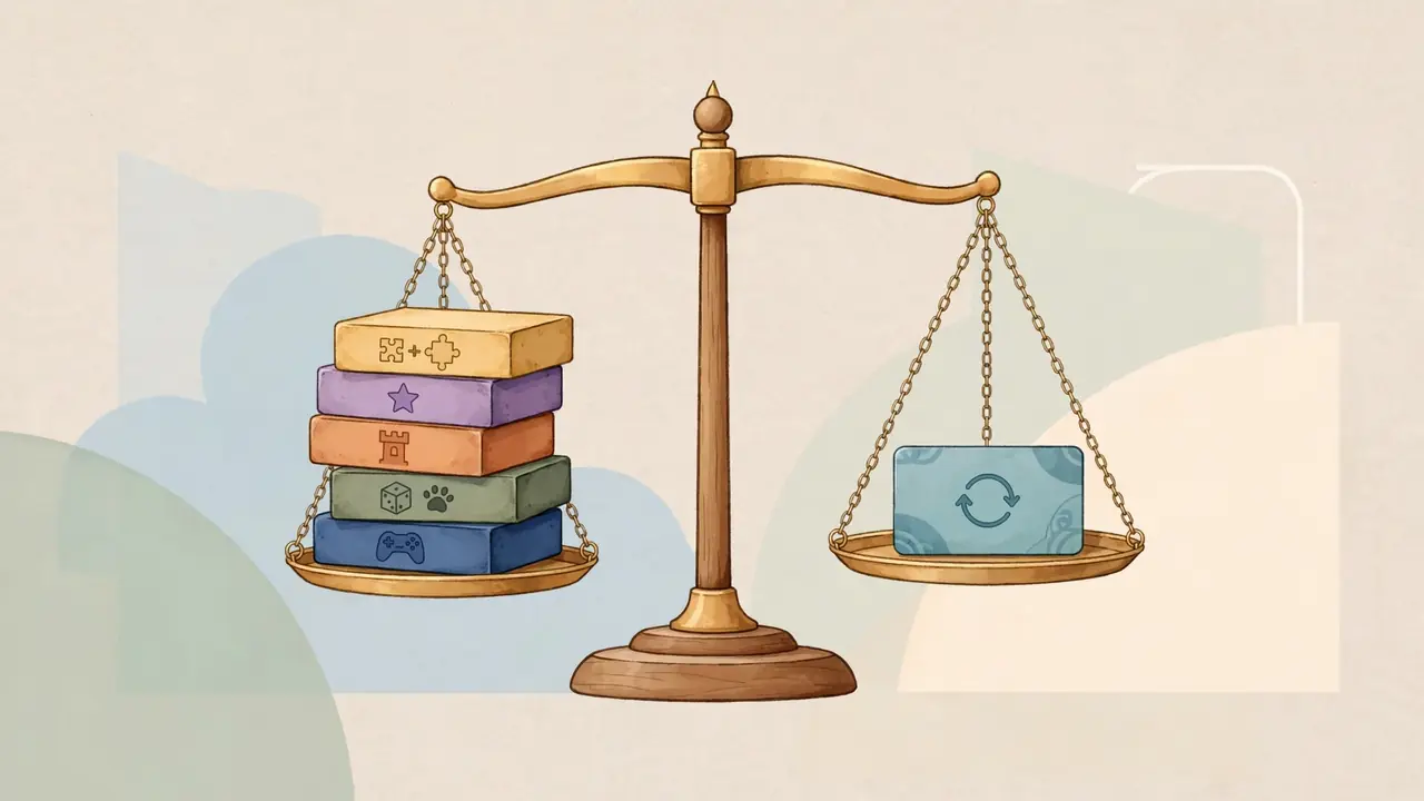 Balance scale weighing a stack of game boxes against a single subscription card