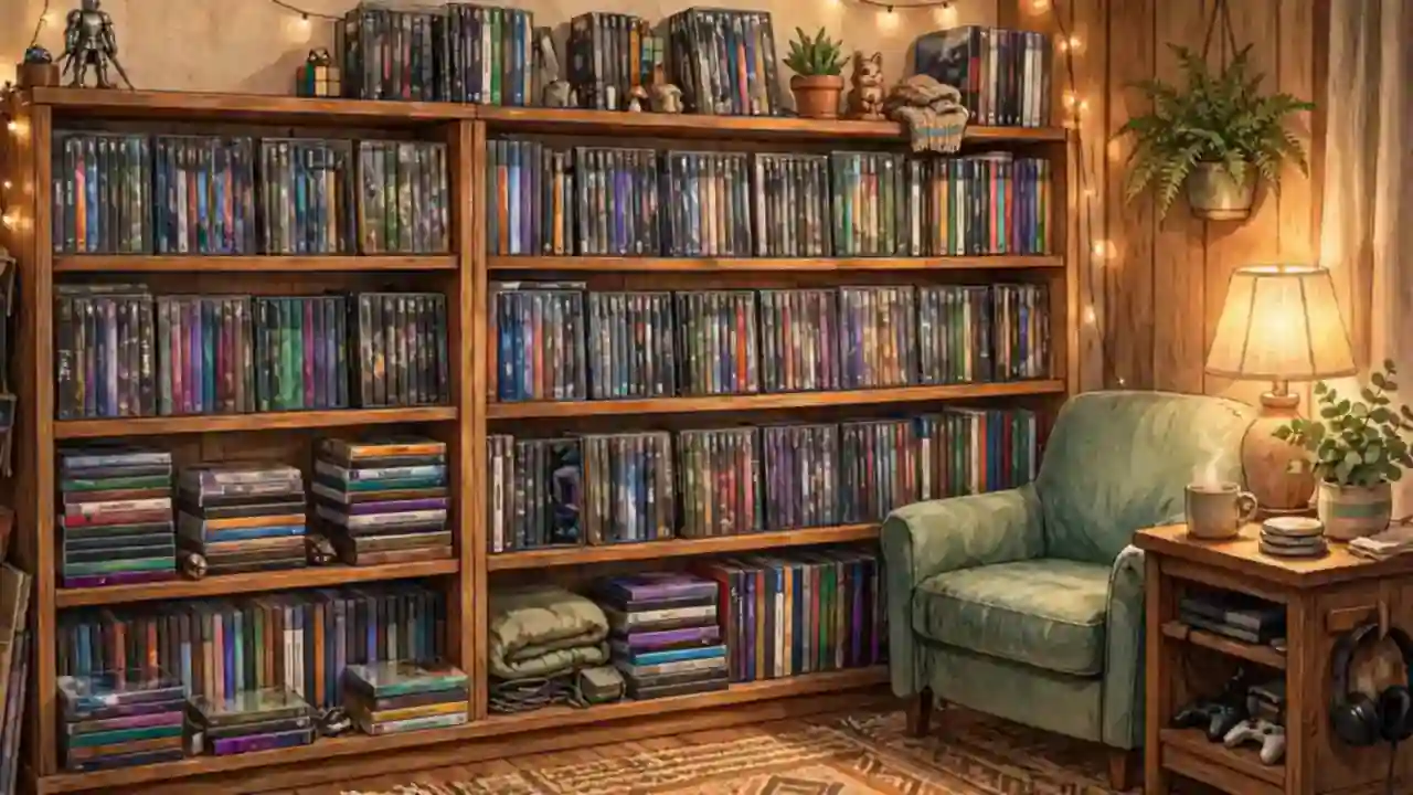 Bookshelf full of game cases in a cozy gaming room in warm light