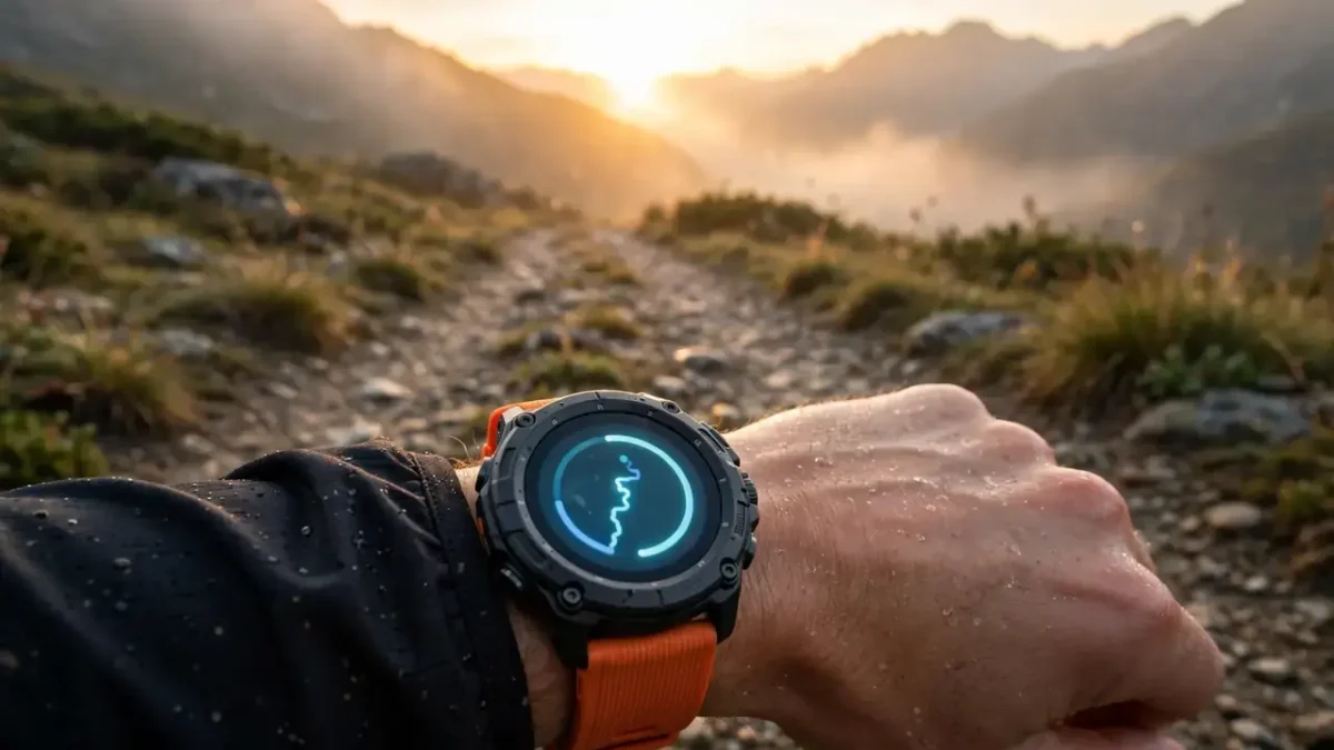 A rugged outdoor smartwatch with a bright screen on a trail runner's wrist at sunrise on a mountain path.