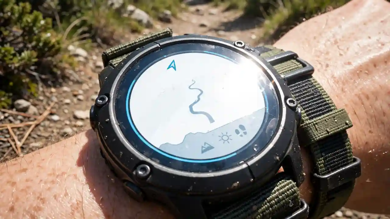 Close-up of a bright outdoor watch screen in strong sunlight on a hiking trail.