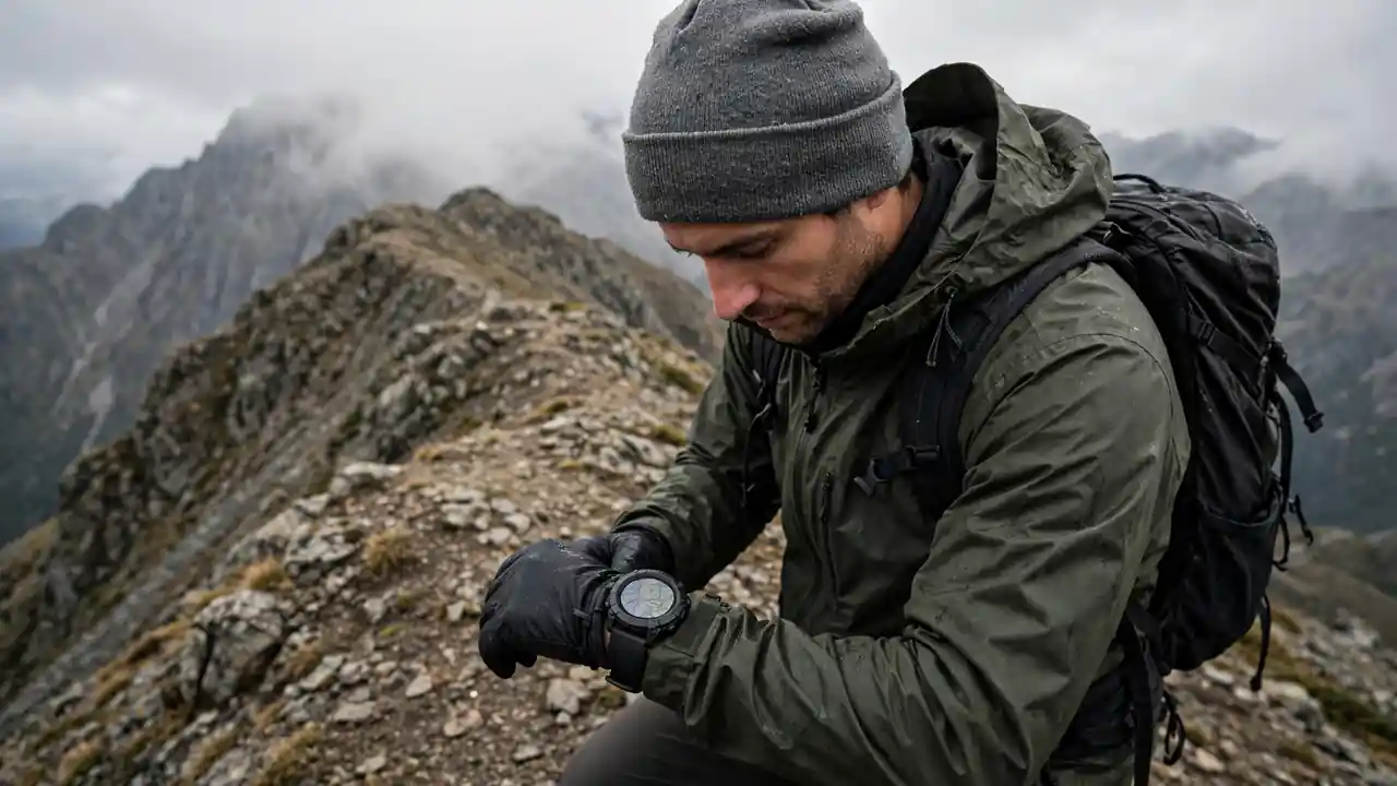 A hiker checking a map on a rugged outdoor watch on a remote mountain ridge.