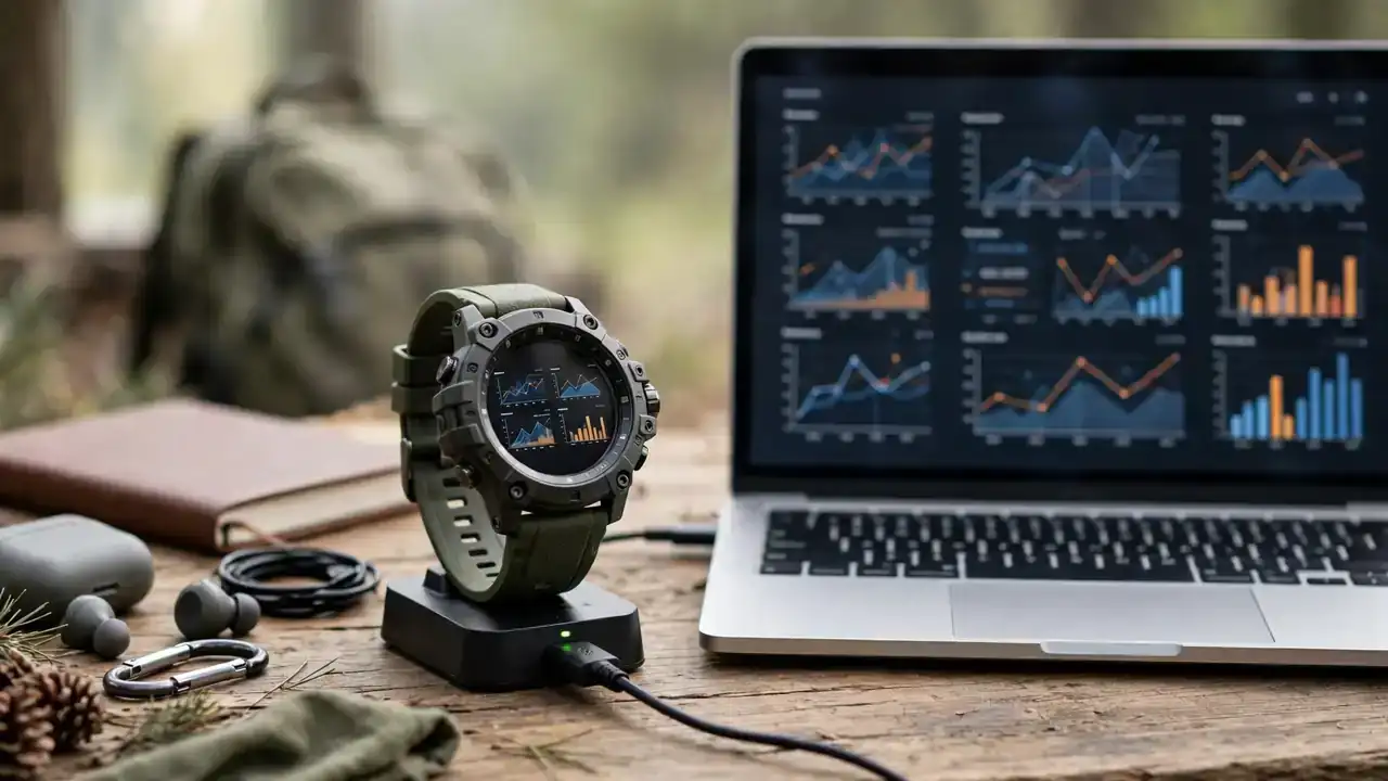 A rugged outdoor watch charging on a desk beside a laptop showing training data.