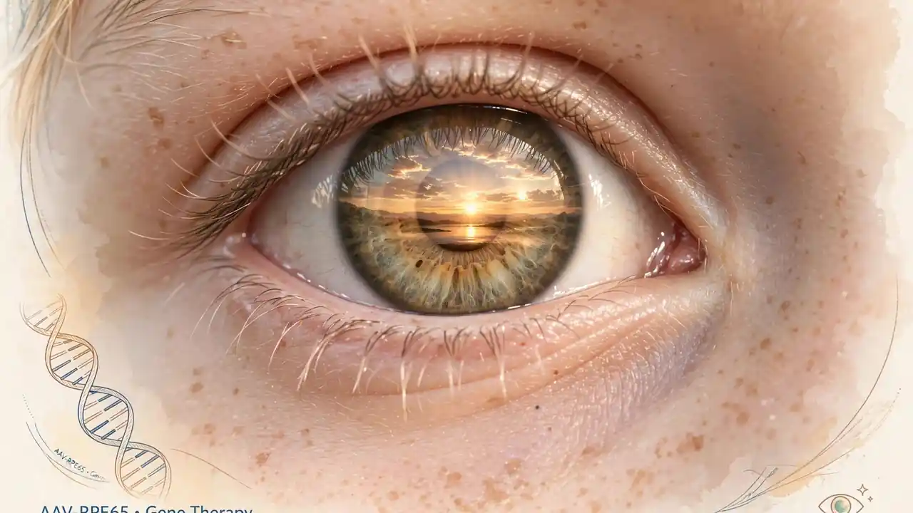 A close-up of a child's eye with a sunrise reflected in the pupil, symbolising restored vision and hope from gene therapy for inherited blindness.