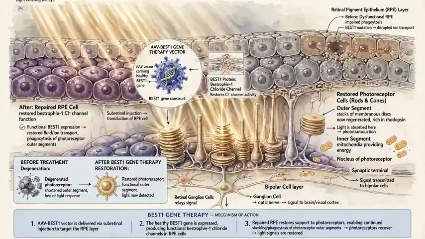 A microscopic illustration of BEST1 gene therapy repairing retinal cells, with light rays reaching restored photoreceptors in the eye.
