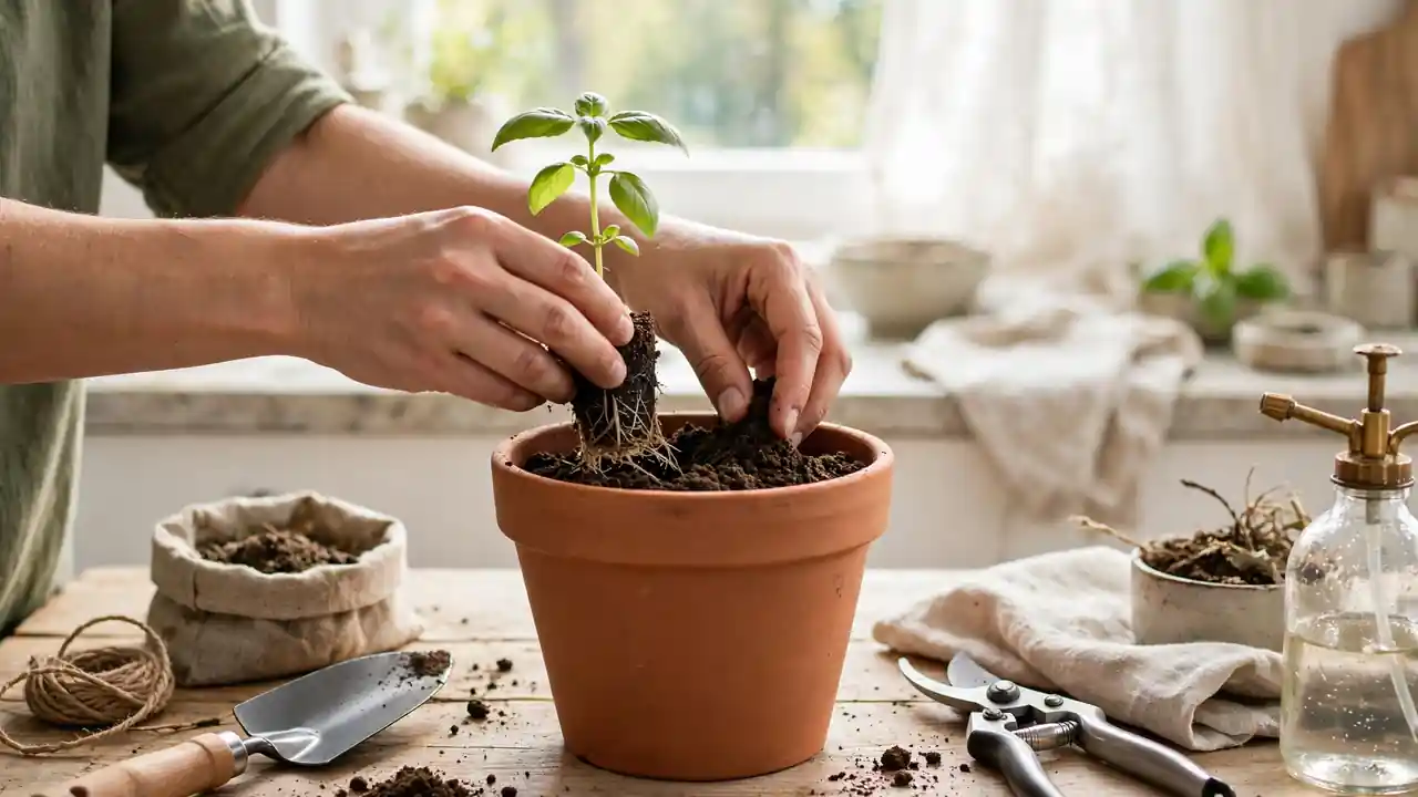 Hands planting a small basil seedling into a terracotta pot with fresh potting soil.