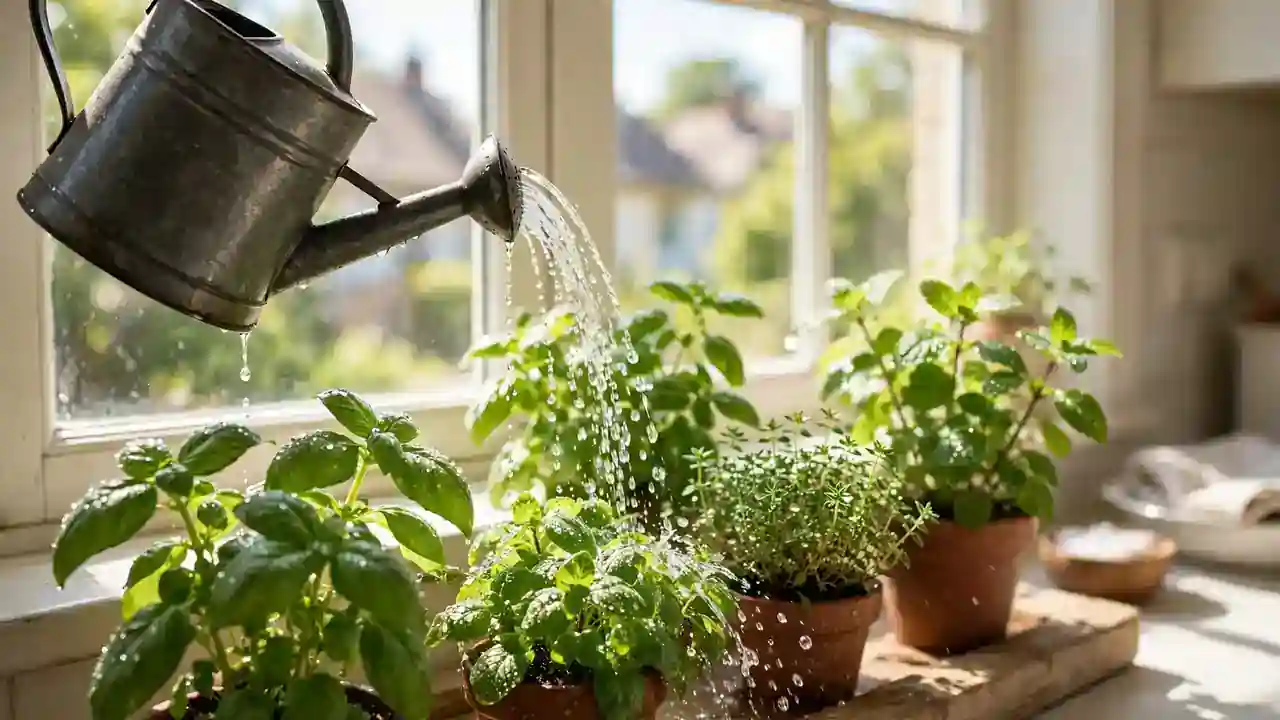 A small watering can watering green herb plants on a sunny windowsill.
