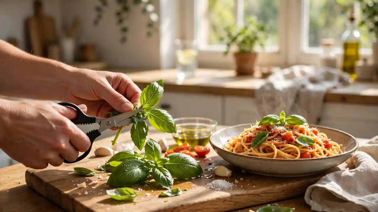 Hands snipping fresh basil leaves with small scissors over a wooden board next to a pasta dish.