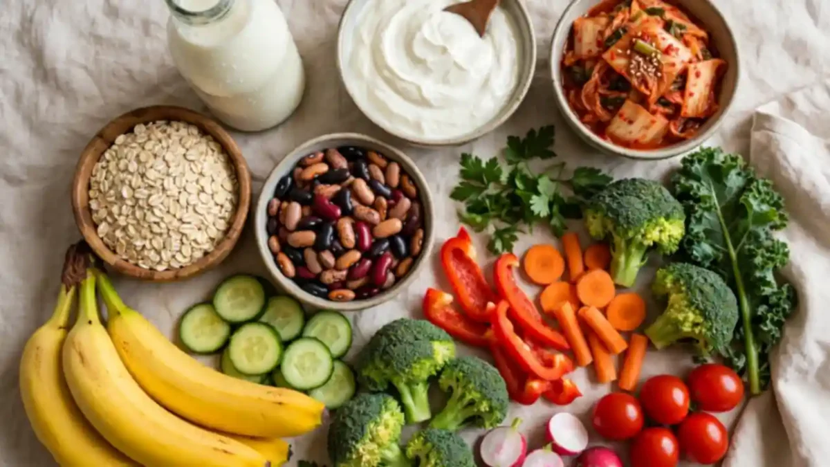 A colourful flat lay of gut healthy foods including yogurt, kefir, kimchi, oats, beans, bananas and vegetables