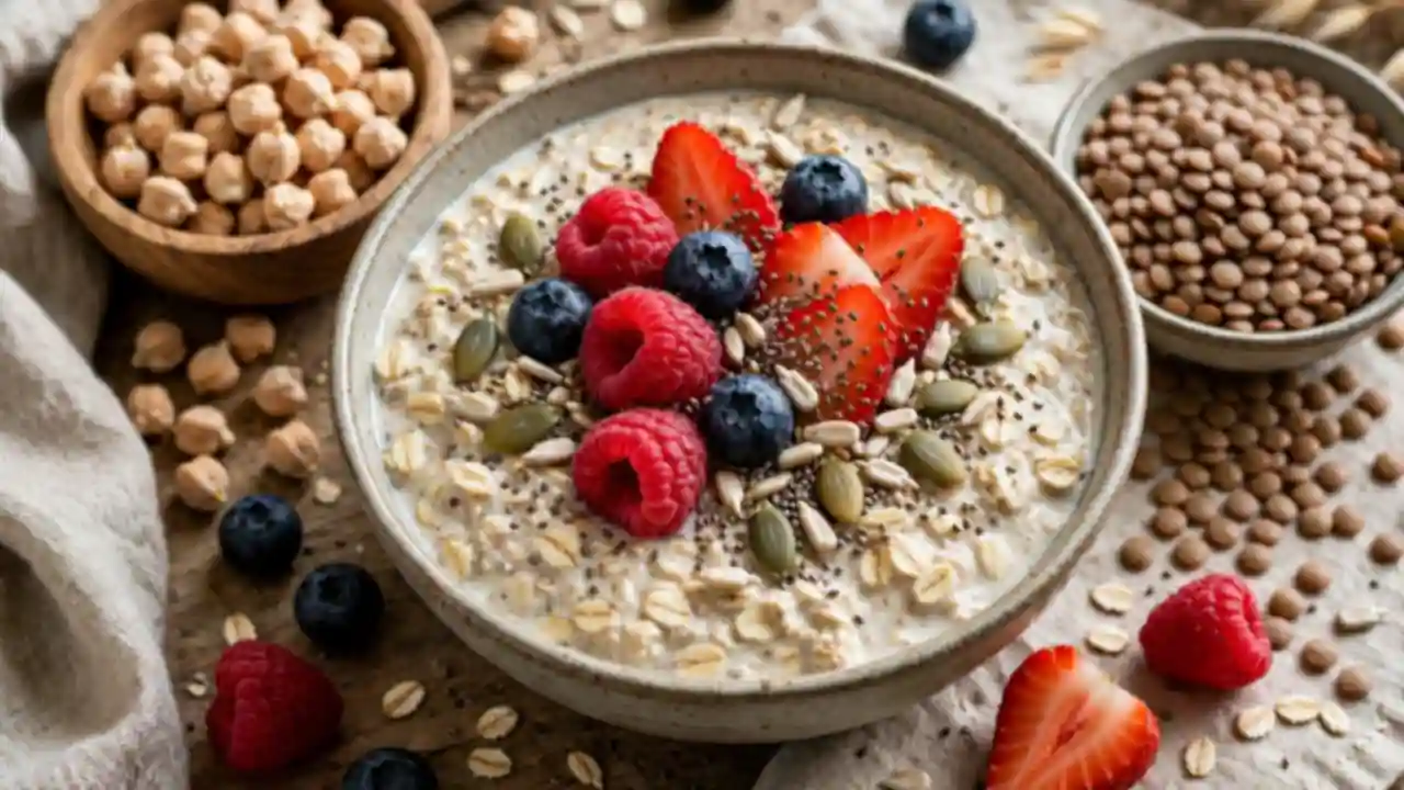 A bowl of overnight oats topped with berries and seeds, with chickpeas and lentils nearby