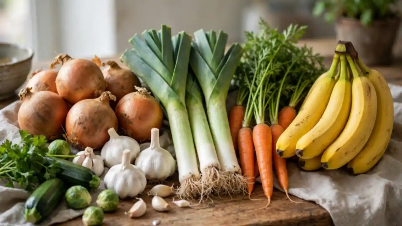 Fresh vegetables, onions, garlic, leeks and bananas arranged on a kitchen counter