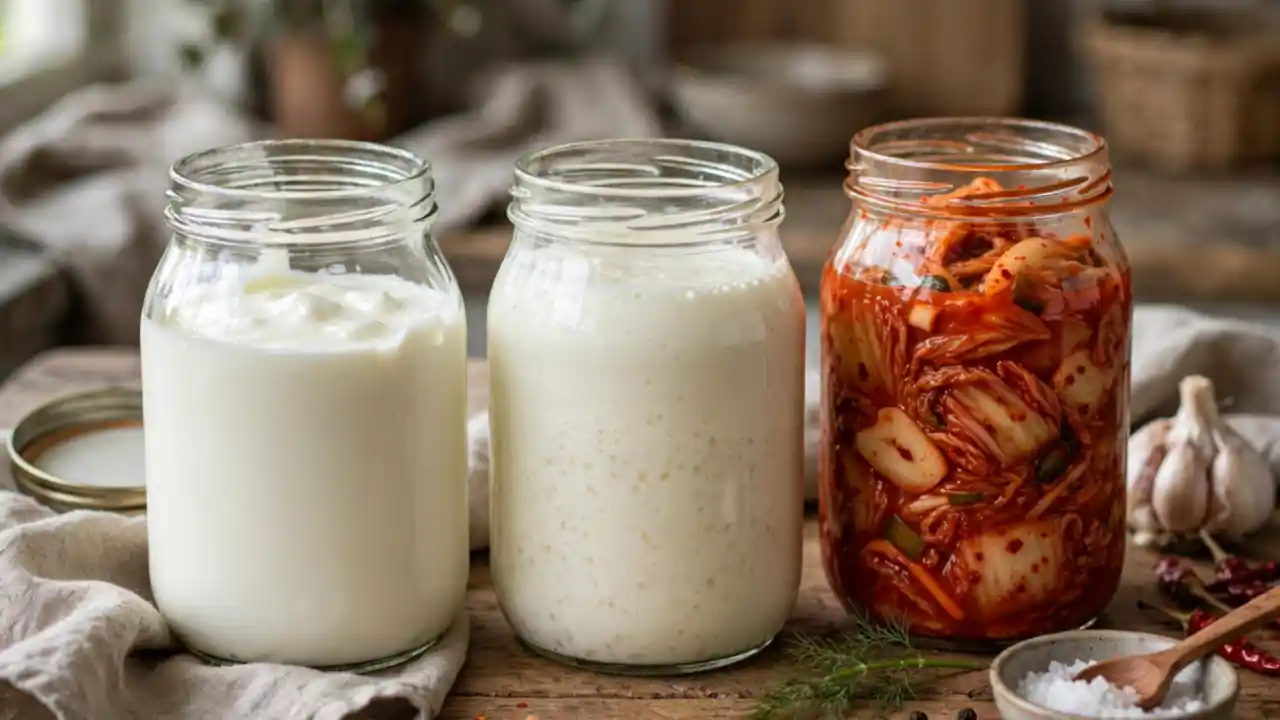 Jars of plain yogurt, kefir and kimchi on a kitchen table