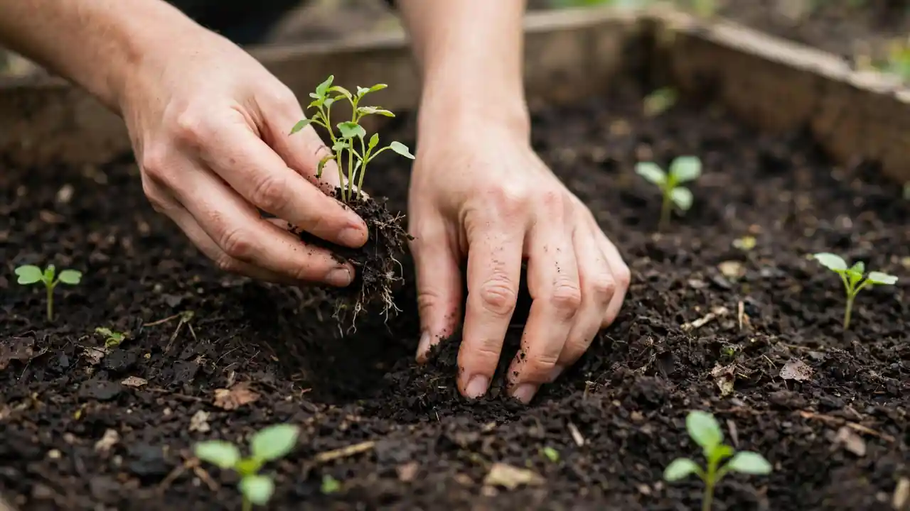 Hands gently planting small green vegetable seedlings into rich dark compost soil
