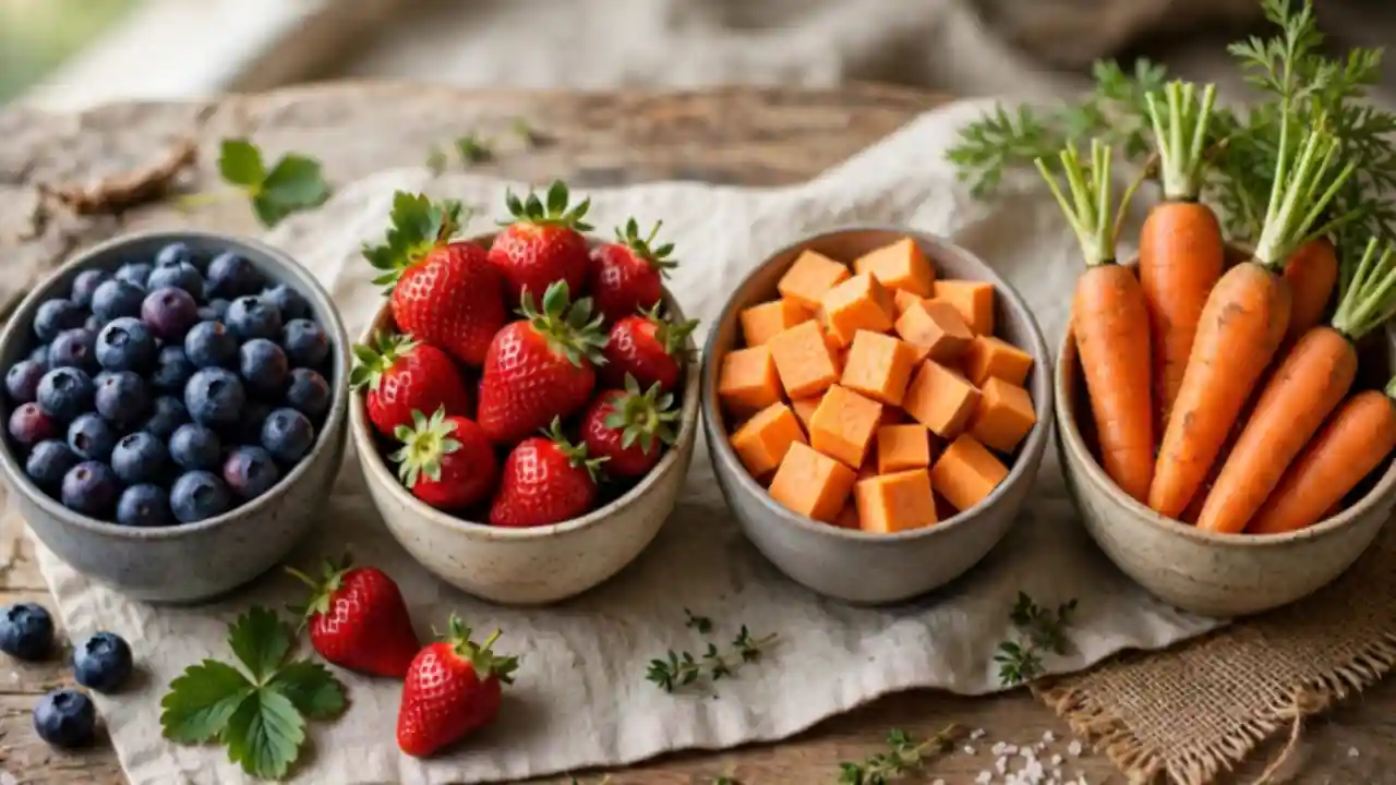 Bowls of blueberries, strawberries, sweet potato and carrots, colourful fresh produce