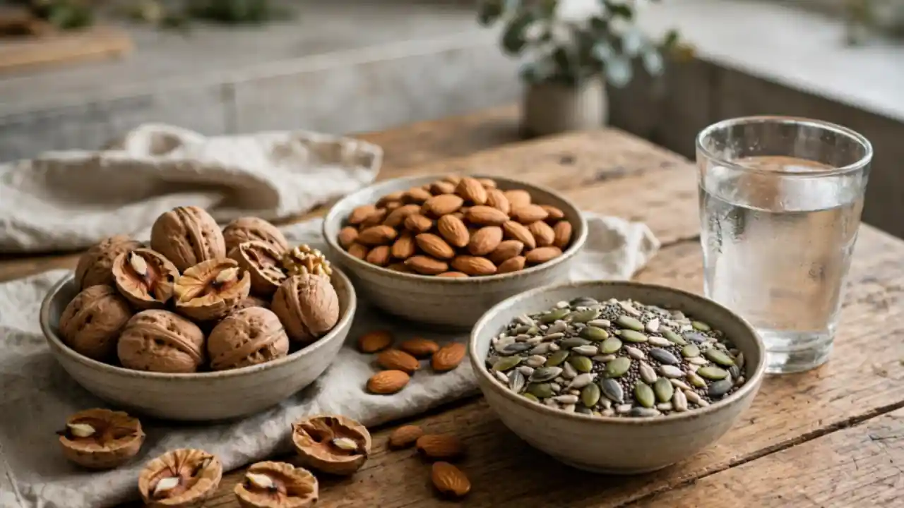 Bowls of walnuts, almonds, seeds and a glass of water on a kitchen table