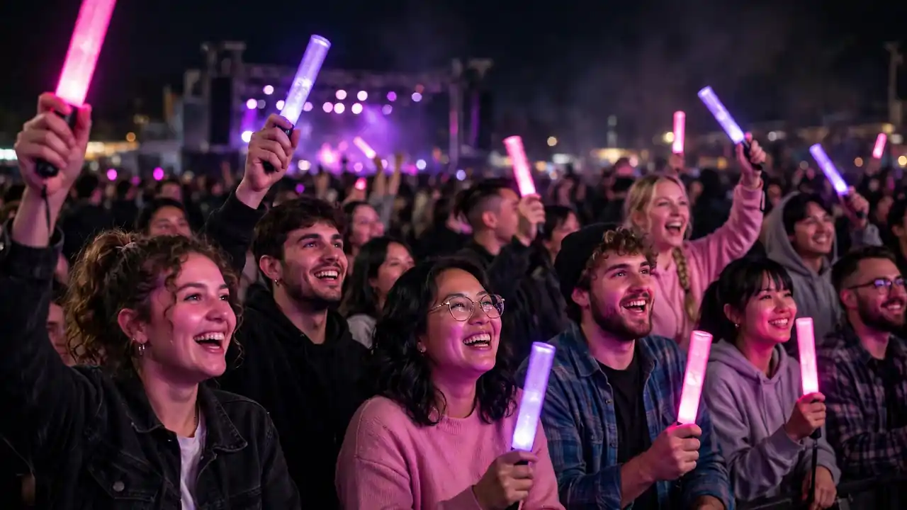 Fans holding glowing light sticks at a night concert.