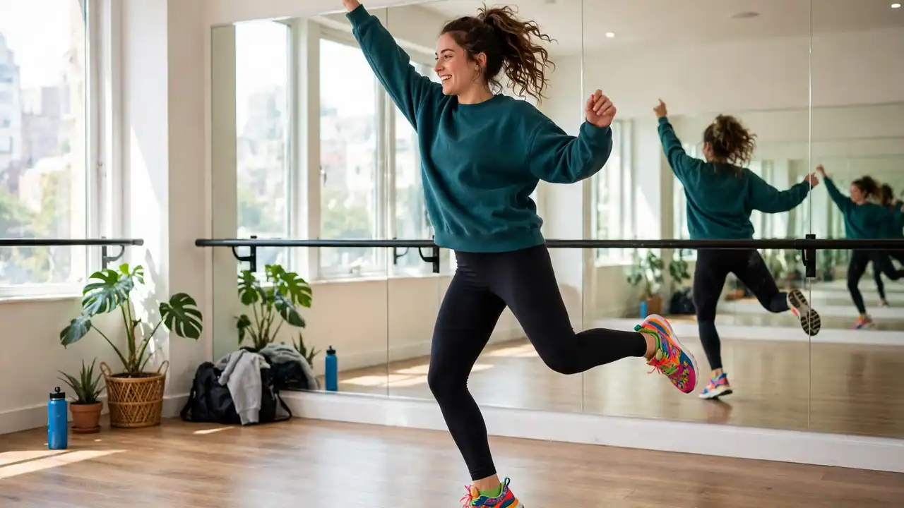 A dancer practising energetic moves in a bright mirrored studio.