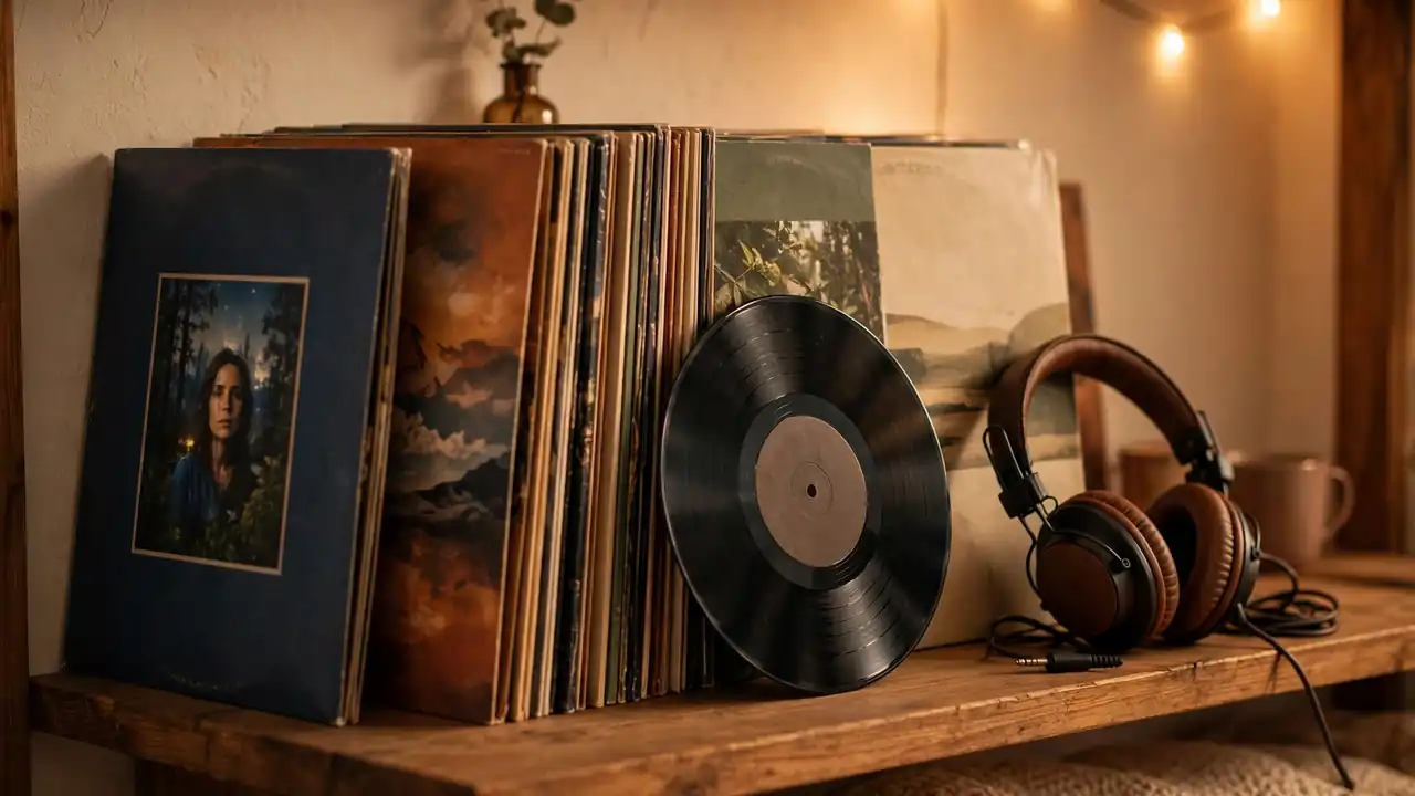 Vinyl records and albums on a shelf beside headphones.