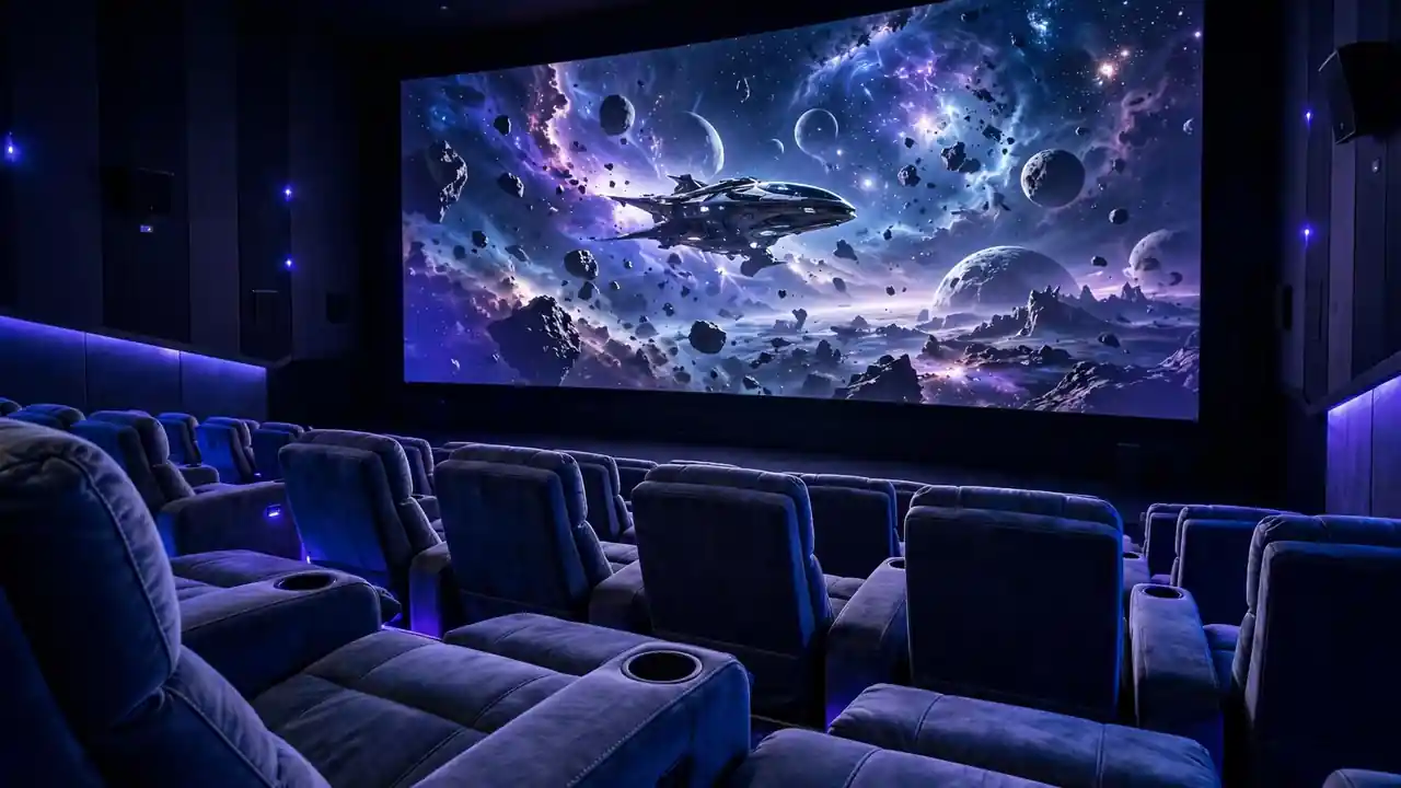 A premium large-format cinema screen showing a space adventure scene above rows of plush recliner seats