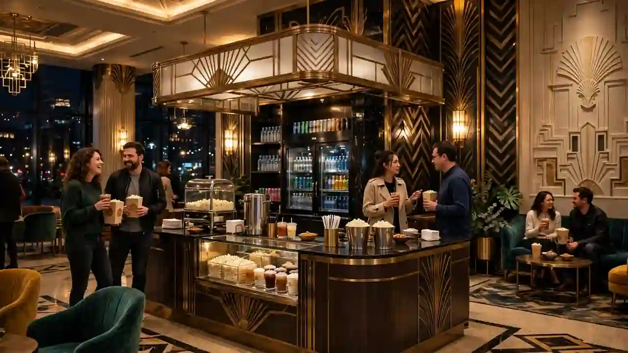A stylish modern cinema lobby at night with a concession stand and people chatting with drinks and popcorn